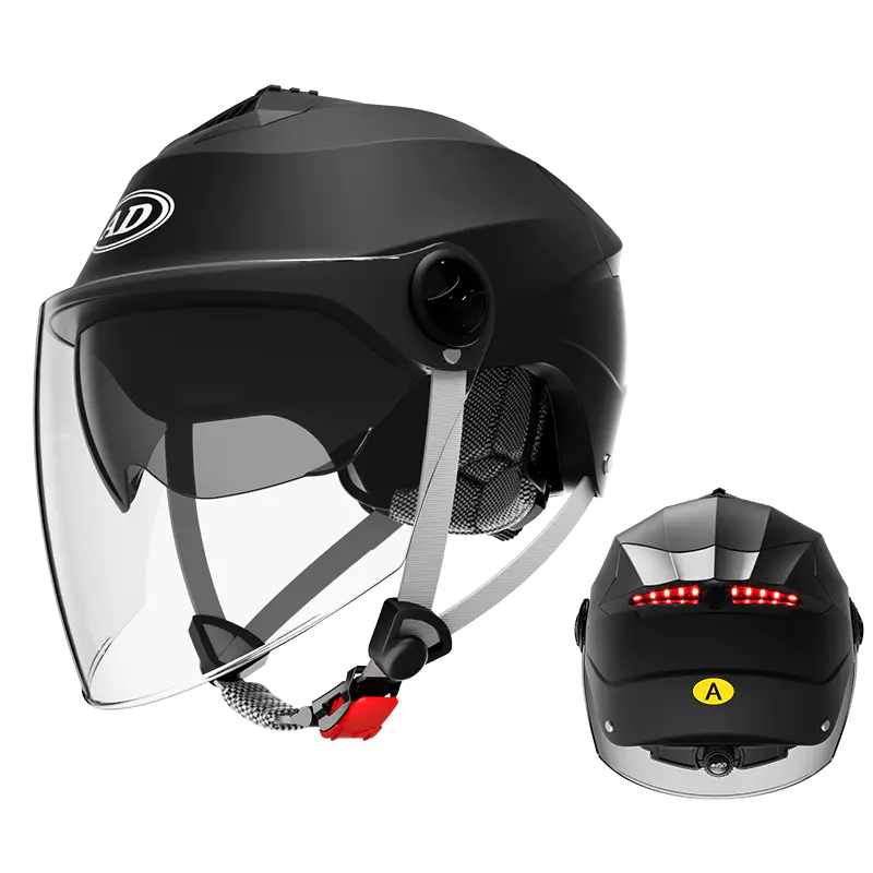 Helm Sepeda Motor Setengah Wajah, Lampu Belakang Keselamatan LED 818, Helm Visor Ganda